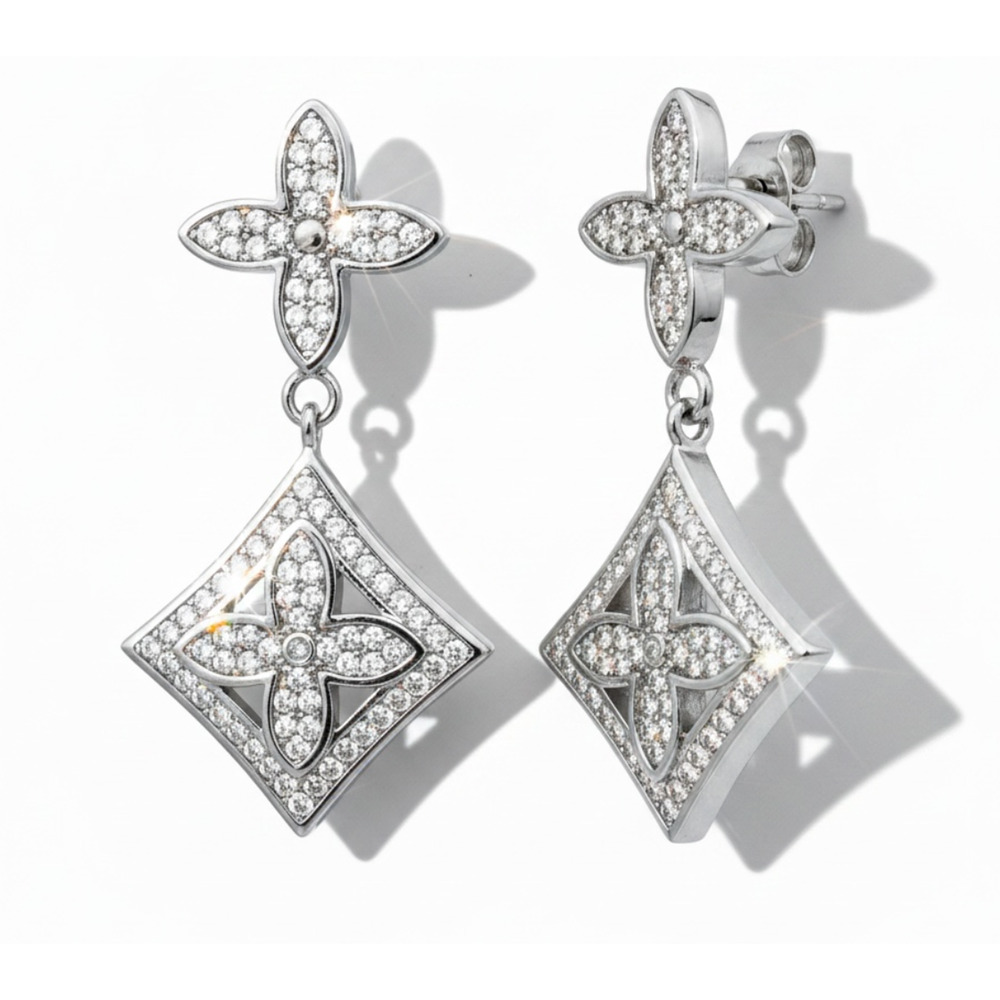 Louis Vuitton Silver LV Monogram Flower Crystal Dangle Drop Earrings (LVXX020) - Picture 3 of 7